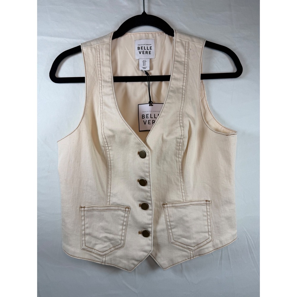 Belle Vere Cream Denim‎ Waistcoat Vest Small Off White Button Front Pockets NWT